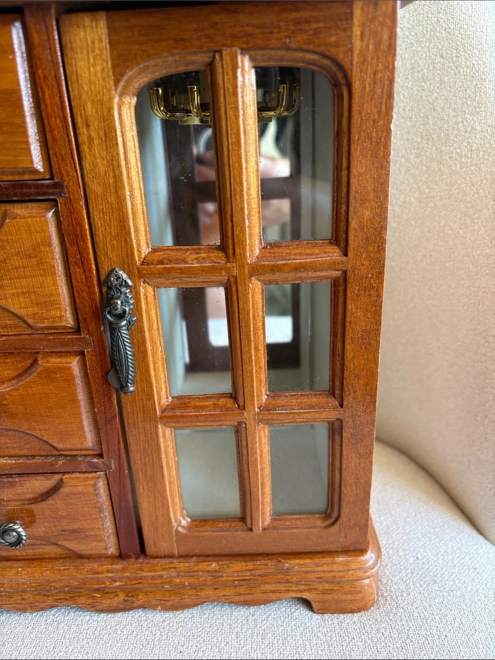 VTG Wood Jewelry Cabinet with Mirrored Door 9” X 10.5”